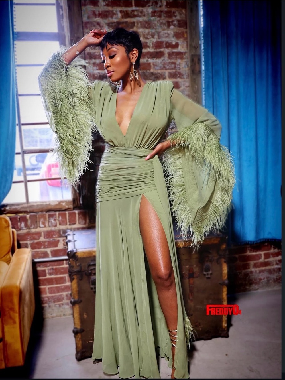 Bronx and Banco Revolve FWRD Geisha Ostrich Feather Gown Sage Green RARE - Picture 3 of 6